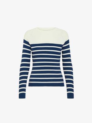 Pleten pulover s dolgimi rokavi, mornarsko modre in bele črte, ribasta tekstura, okrogla izreza in prilegajoč dizajn.