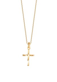 Złoty naszyjnik z wypolerowanym, teksturowanym wisiorkiem w kształcie krzyża. Łańcuszek składa się z połączonych owalnych kształtów, odbijających światło dzięki gładkiemu wykończeniu.