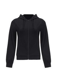 Felpa nera con zip e design aderente, cappuccio regolabile con cordini, polsini a coste e due tasche frontali. Realizzata in un tessuto morbido e confortevole.