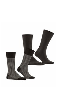 Vier Paar Socken: zwei einfarbig schwarze, zwei grau gemustert mit einem kleinen Diamantdesign. Glatte Textur, verstärkte Zehen- und Fersenakzente.