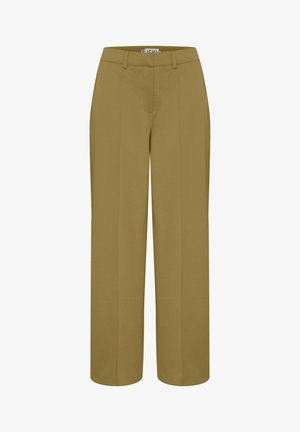 Khaki broek met wijde pijpen van zachte stof, voorzien van een platte voorkant, riemlussen en twee zijzakken. Soepele textuur met een getailleerde pasvorm.