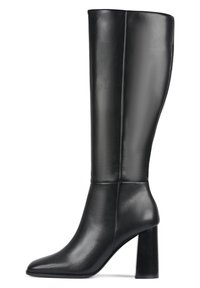 Botte en cuir noir jusqu'au genou avec un bout pointu et un talon bloc. Texture lisse avec des coutures minimales et une silhouette épurée.