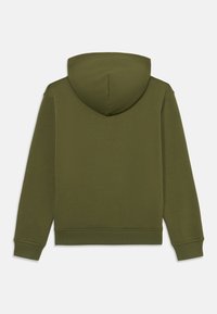 Zelena dukserica s kapuljačom, izrađena od mekog materijala, sa jednostavnim stražnjim dizajnom i rebrastim manžetama i donjim rubom. Nema vidljivih logotipa ili uzoraka.