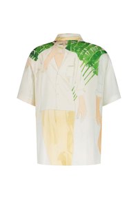 Korte mouwen overhemd van crèmekleurige stof met een aquarelillustratie van figuren met groene bladeren. Ontspannen pasvorm, eenvoudige kraag en zakdetail.