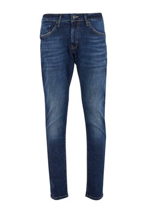 Mørkeblå denimjeans med slank pasform, der har fem lommer, let falmet effekt og kontrastsyning. Inkluderer knap- og lynlås-lukning.