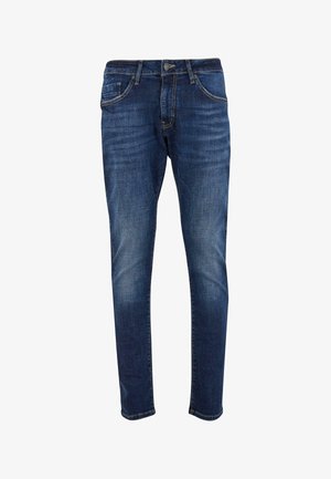 Mørkeblå denimjeans med slank pasform, der har fem lommer, let falmet effekt og kontrastsyning. Inkluderer knap- og lynlås-lukning.