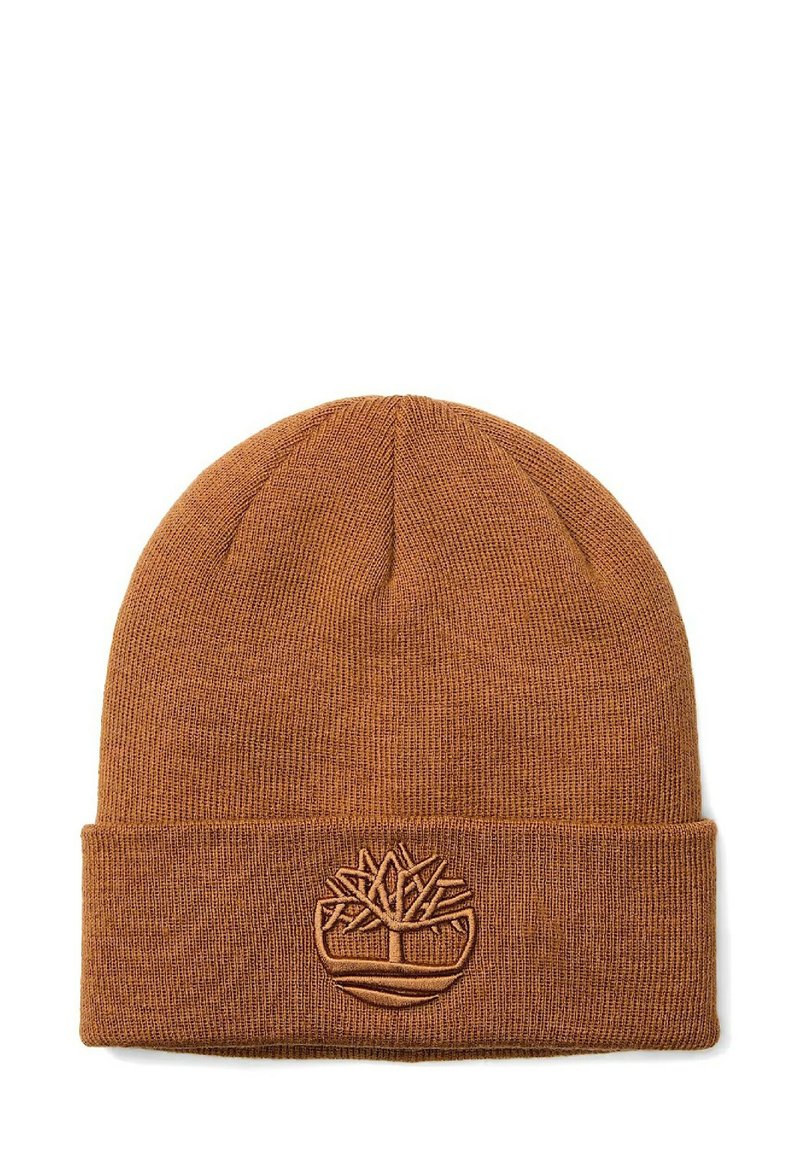 Berretto lavorato a maglia marrone con orlo piegato e logo ad albero ricamato in una tonalità di marrone contrastante. La texture è liscia ed elastica.