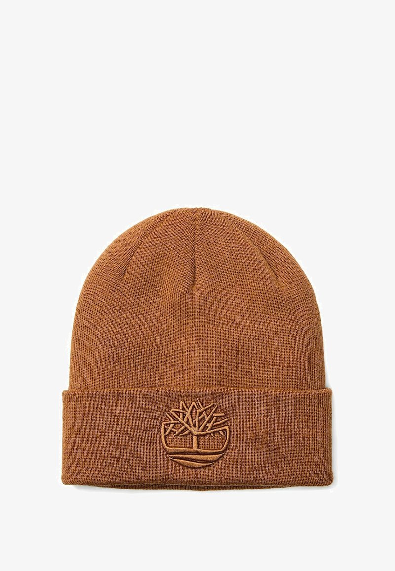 Berretto lavorato a maglia marrone con orlo piegato e logo ad albero ricamato in una tonalità di marrone contrastante. La texture è liscia ed elastica.