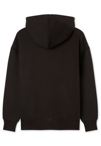 Sweat à capuche noir à manches longues avec poignets et ourlet côtelés, montré de dos avec un design uni et une capuche attachée.