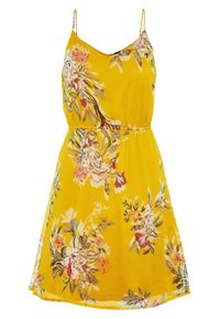Robe jaune à fleurs avec bretelles spaghetti, taille élastique et coupe ample. Présente un motif floral vibrant avec des accents rouges, roses et verts.