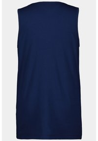 Marineblaue ärmellose Tanktop aus weicher Baumwolle. Das Design ist einfach und verfügt über einen runden Halsausschnitt sowie einen geraden Saum.
