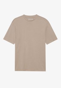 Beige színű pamut póló, crew neck kivitelben, rövid ujjú és laza fazonnal. Egyszerű varrással és minimális márkázással a nyakkivágásnál.