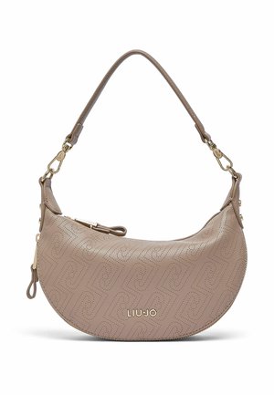 Jasnobrązowa torebka w kształcie półksiężyca z perforowanym geometrycznym wzorem, złotym zamkiem błyskawicznym, odpinanym paskiem oraz logo "LIU·JO" z przodu.