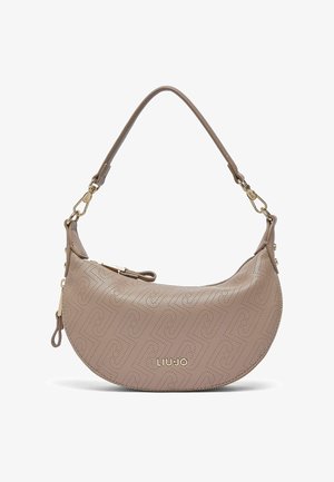 Light brown crescent-shaped handbag with perforated geometric pattern, gold zipper, detachable strap, and "LIU·JO" logo on front.