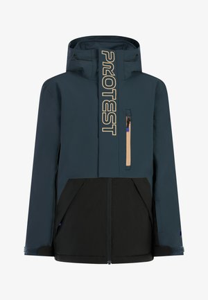 Veste étanche vert foncé avec des panneaux inférieurs noirs. Caractéristiques d'un grand logo sur le devant, une poche zippée sur la poitrine et une capuche ajustable avec cordons.