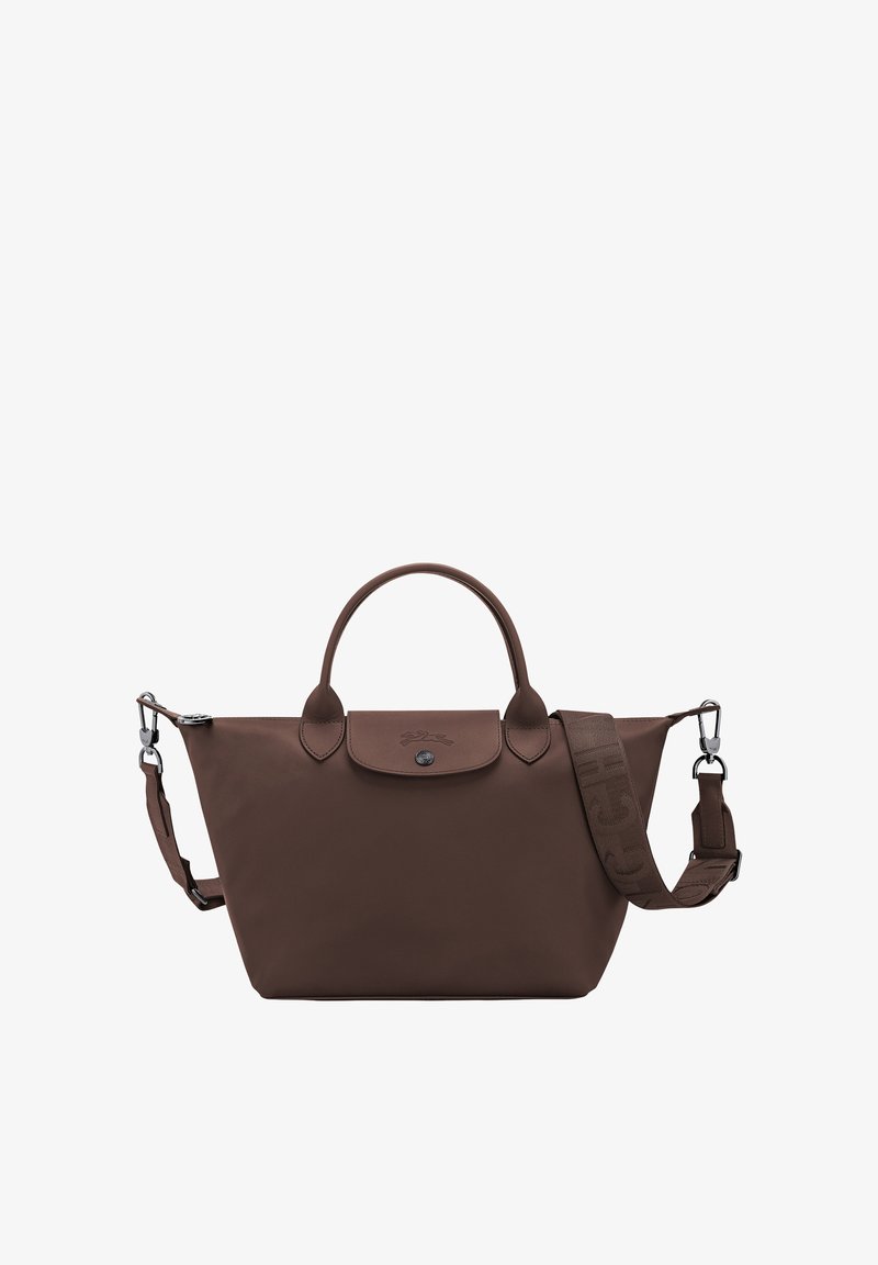 Brown handbag with two handles, a front flap with snap button, and an adjustable shoulder strap with metal clasps.