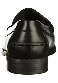 Mocassino in pelle nera con una finitura liscia, punta arrotondata e dettagli cuciti. Tacco basso e design minimalista. Vista da dietro.