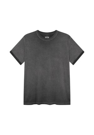 Donkergrijs T-shirt met korte mouwen en ronde hals, zwarte bies aan de mouwranden, strak ontwerp, plat gelegd op een witte achtergrond.