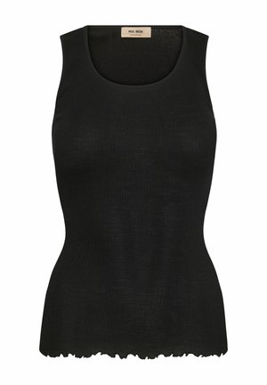 Crna bezrukavna majica od rebrastog materijala s okruglim izrezom i valovitim rubom. Napravljena od laganog, rastezljivog materijala.