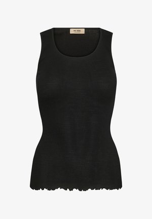 Black sleeveless tank top in ribbed texture with a rounded neckline and a wavy hemline. Made from a lightweight, stretchy material.