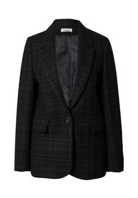 Schwarze strukturierte Blazerjacke mit Reverskragen, einem Knopfverschluss und zwei vorderen Taschen; das gefütterte Innenfutter sorgt für eine glatte Optik.