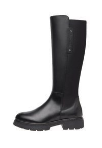 Schwarze kniehohe Stiefel mit einer glatten Lederzehe und einem strukturierten, elastischen Rücken. Ausgestattet mit einer flachen Gummisohle und einem dezenten Markenetikett an der Seite.
