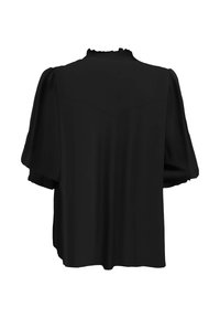 Sort kortærmet bluse med en plissert halsudskæring, blødt stof og afslappet pasform. Glat tekstur med en draperet silhuet.