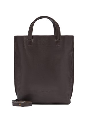 Borsa a spalla in pelle marrone scuro con due manici e una texture liscia; presenta una tracolla staccabile e un marchio sottile sulla parte anteriore.