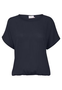 Top blu navy a maniche corte con vestibilità comoda, scollatura tonda e vita arricciata; tessuto liscio e leggero.
