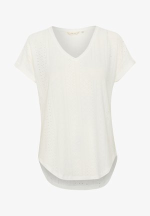 Valkoinen lyhythihainen toppi, jossa on V-pääntie, perforoituja kuvioita ja kaareva helma. Valmistettu kevyestä, teksturoidusta kankaasta.