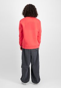 Felpa rossa con polsini e fondo a coste, abbinata a pantaloni grigi larghi con tasche cargo. Sfondo bianco semplice.
