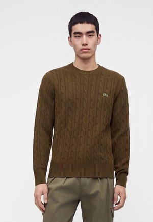 Jeune homme portant un pull torsadé vert olive avec un petit logo brodé sur la poitrine et un pantalon assorti, debout devant un fond uni.