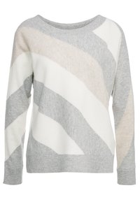 Maglione grigio e bianco con strisce diagonali in diverse sfumature, caratterizzato da un ampio scollo e polsini e orlo a coste. Morbido al tatto.
