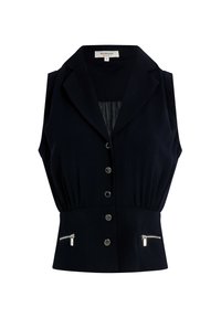 Top sans manches bleu marine avec un col en V, six boutons métalliques, une taille élastique et deux poches zippées à l'avant.