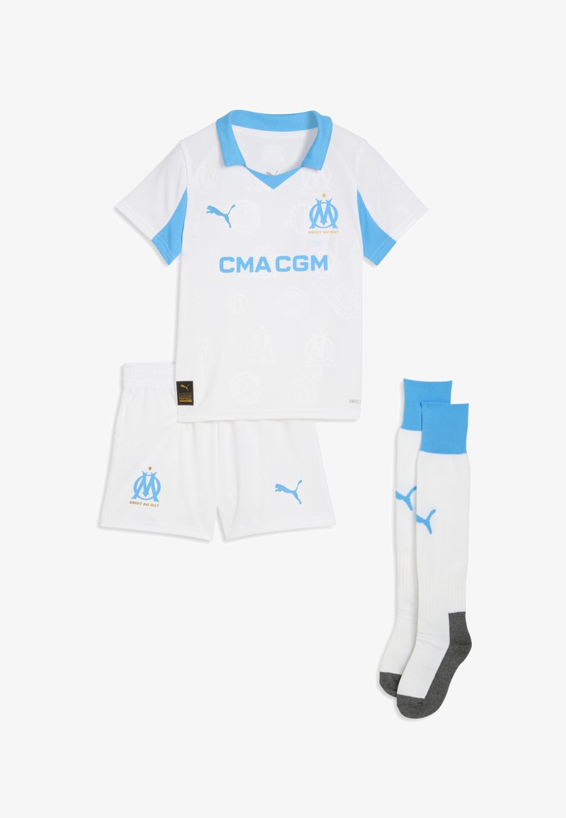 White and light blue Olympique de Marseille soccer kit with short-sleeve jersey, shorts, and knee-high socks featuring Puma logos.