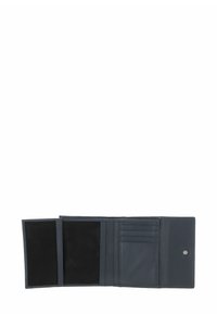 Portefeuille en cuir bleu foncé à design bifold, doté de plusieurs emplacements pour cartes, deux fenêtres transparentes pour cartes d'identité et une texture lisse.