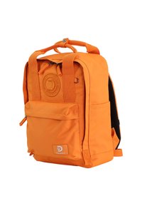 Orange backpack with a rectangular shape, made of durable fabric. Features include adjustable straps, front pocket, and embossed logo accent.