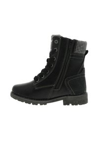 Bottes noires à la cheville avec une finition en cuir texturé, un avant à lacets, une fermeture à glissière et un col en textile à motifs. Semelle en caoutchouc avec des accents détaillés.