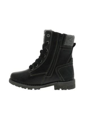 Bottes noires à la cheville avec une finition en cuir texturé, un avant à lacets, une fermeture à glissière et un col en textile à motifs. Semelle en caoutchouc avec des accents détaillés.