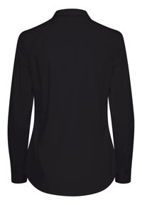 Chemise noire à manches longues boutonnée, vue de dos avec un col standard et des poignets boutonnés.