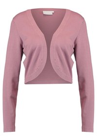 Cárdigan corto rosa con mangas largas, escote en V profundo, textura acanalada y tejido suave. Presenta un diseño ajustado y bordes sin costuras.