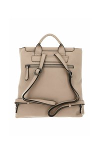 Beige leather backpack with adjustable straps, dual top handles, and a zippered front pocket. Features black piping along edges.