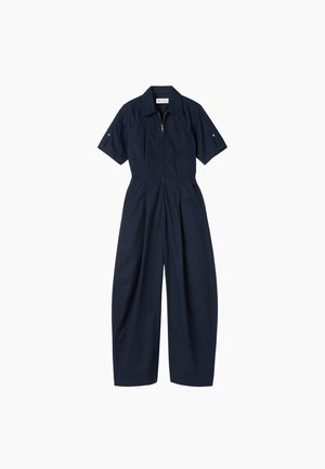 Combinaison bleu marine à manches courtes avec col, fermeture éclair devant, jambes larges et pattes boutonnées aux manches.