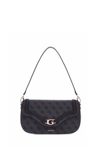 Sac à bandoulière noir avec motif logo en relief, design courbé et quincaillerie dorée, doté d'un rabat supérieur et d'une seule sangle.