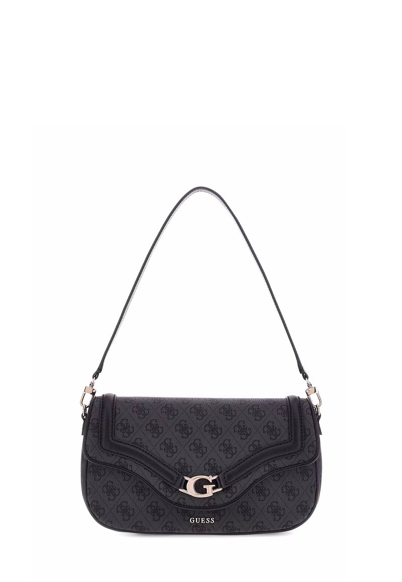 Sac à bandoulière noir avec motif logo en relief, design courbé et quincaillerie dorée, doté d'un rabat supérieur et d'une seule sangle.