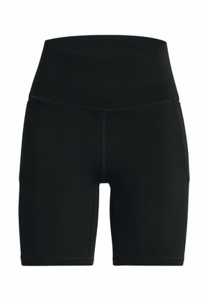 Black high-waisted bicycle shorts made of stretchy material. Features a smooth texture and reinforced stitching along the seams.