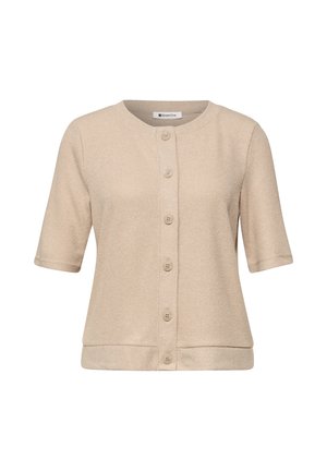 Beige kort mouw gebreid vestje met ronde hals en zes knopen aan de voorkant, met een subtiele gestructureerde stof en rechte zoom.