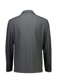 Donkergrijs heren colbert, achteraanzicht, met lange mouwen, inkepingkraag en knoopmanchetten, afgebeeld op een witte achtergrond.