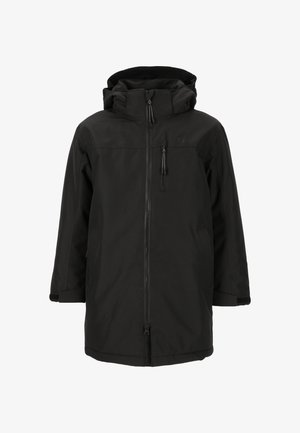 Schwarze wasserdichte Jacke mit Kapuze, durchgehendem Reißverschluss, Reißverschluss-Brusttasche und weiten Ärmeln. Glatte Textur und minimalistisches Design.
