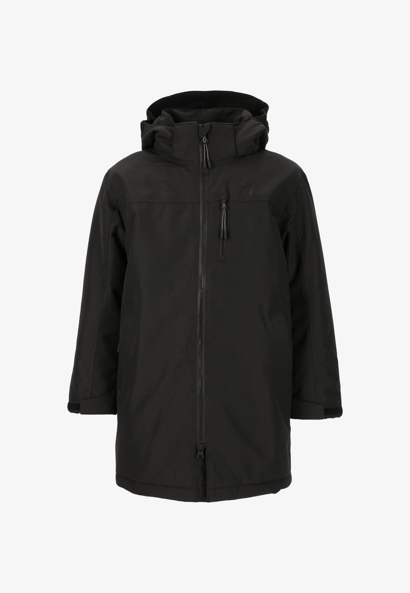 Sort vandtæt jakke med hætte, fuld frontlynlås, lynlåslomme på brystet og brede ærmer. Glat tekstur og minimalistisk design.